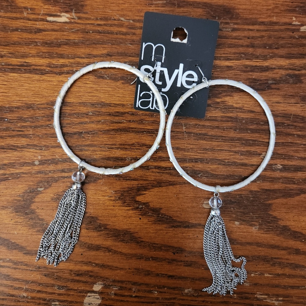 Mstylelab Silver Hoop Earrings with Chain Tassels